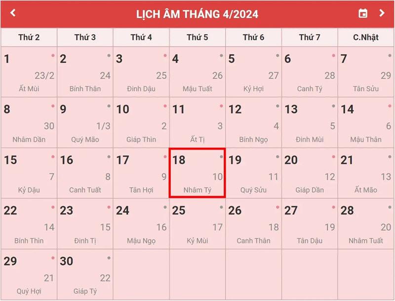 Mùng 10 tháng 3 âm lịch 2024 là ngày mấy dương